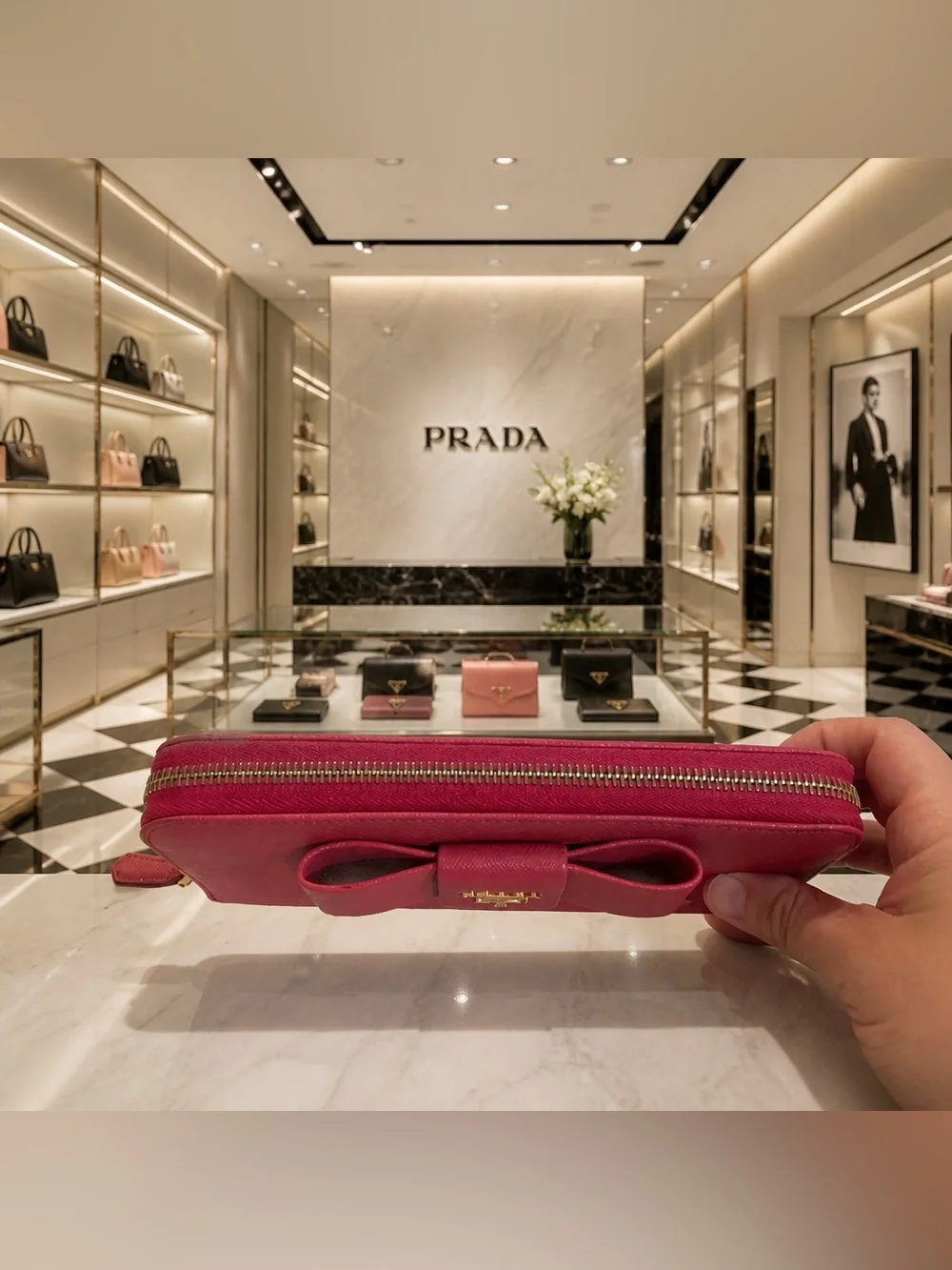 GUC Prada Pink Saffiano Metal Leather Bow Continental Wallet